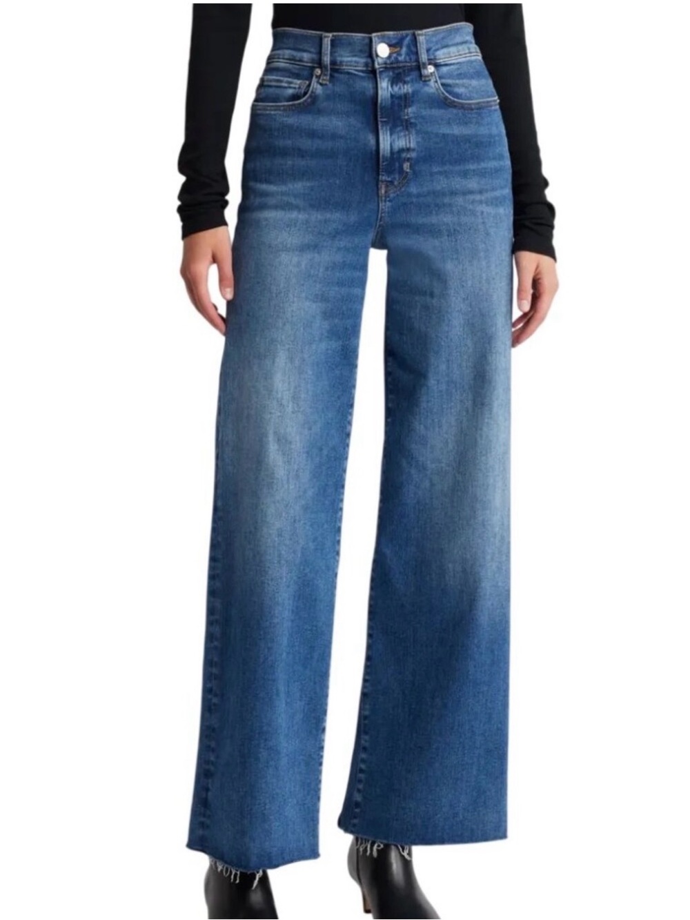 $278 Frame Denim Mermaid Blue Le Slim Palazzo Raw Fray Wide Leg Organic Jeans 26